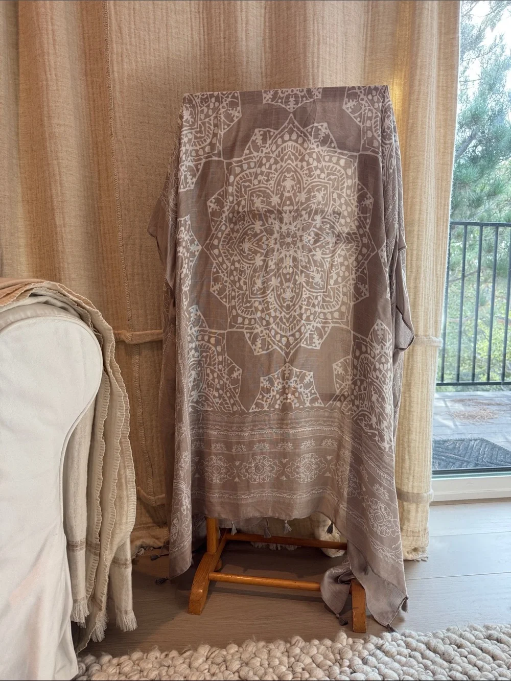 Neutral Taupe Mandala Throw with Intricate White Pattern